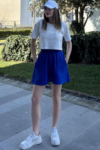 NEW LAVİVA Saks Women's Shorts - Pockets, Laces, Elastic Waist, Loose Muslin