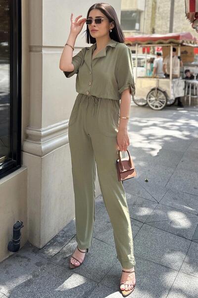 NEW LAVİVA Linen/airobin Fabric - Khaki Apache Collar, Half Placket, Drawstring Waist Jumpsuit