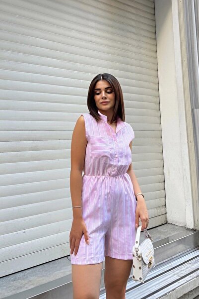 NEW LAVİVA Κοντή ριγέ φόρμα λιλά αμάνικη, γιακά με κουμπιά, ελαστική μέση, τσέπες, σορτς μοντέλο