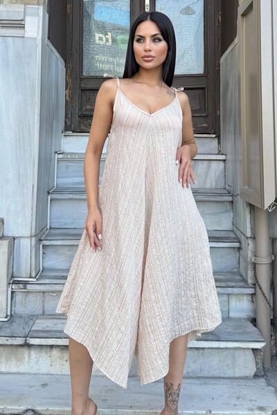 NEW LAVİVA Beige Women's Jumpsuit - Rope Strap, Asymmetric Cut, Textured Loose Fabric