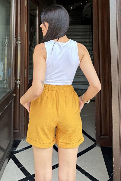 NEW LAVİVA Mustard Women's Linen Shorts - Pockets, Double Legs, Elastic Waist, Short