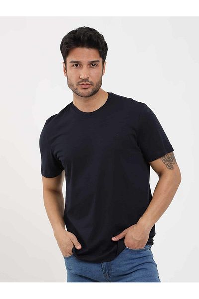 Dufy Navy Blue Men's Slim Fit Plain O Neck T-Shirt - 105492