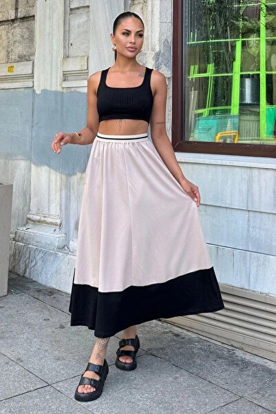 NEW LAVİVA Beige and Black Color Block Pattern - Stripe Elastic Comfortable Patterned Long Women's Skirt with Pockets