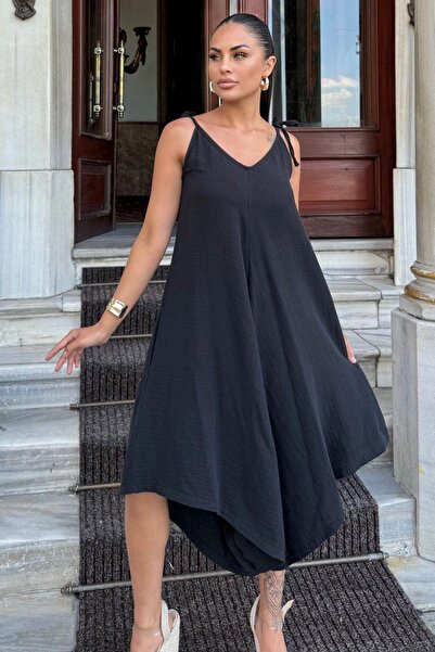 NEW LAVİVA Black Muslin Women's Jumpsuit - Rope Strap, Asymmetric Cut, Anti-Sweat and Loose