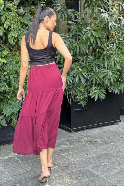 NEW LAVİVA Claret Red Long Chiffon Skirt - Layered Fabric, Comfortable Fit, Elastic Waist