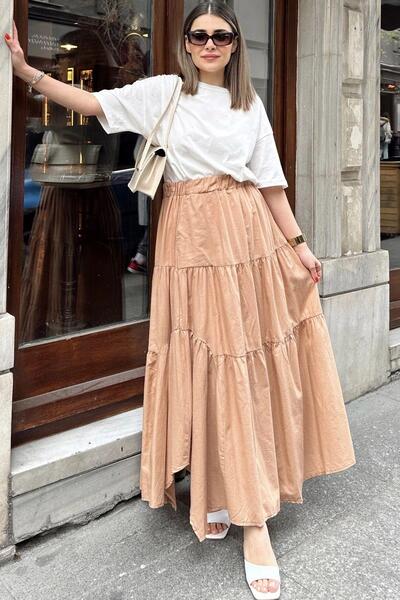 NEW LAVİVA Дамска бежова асиметрична пола с еластична талия, набрана на слоеве и дължина от памук