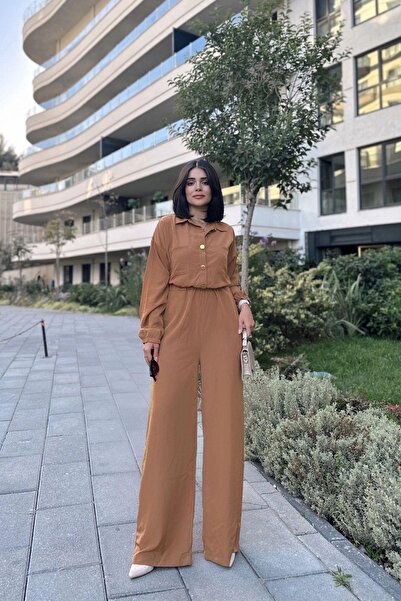 NEW LAVİVA Women's Tan Long Sleeve, Shirt Collar, Elastic Waist, 4 Pockets, Elastic Ankles, Loose Overalls