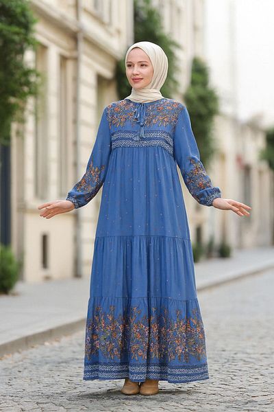 Neva Style Rochie Hijab albastru indigo cu model 50095ım