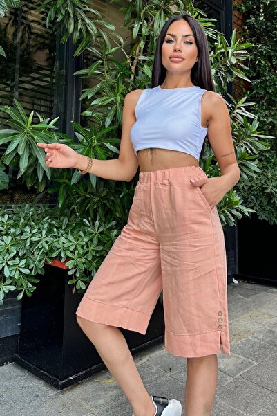 NEW LAVİVA Kadın Pudra Beli Lastikli Yanı Düğmeli Kendinden Dokulu Cepli Bermuda Şort