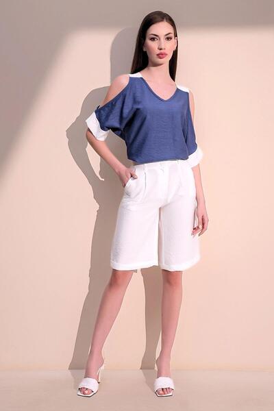 NEW LAVİVA Kadın Ekru & Beyaz Kaliteli Cepli Duble Paça Keten Bermuda Şort