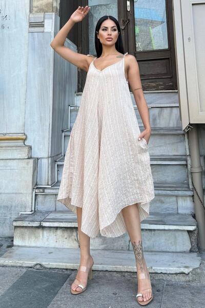 NEW LAVİVA Beige Women's Jumpsuit - Rope Strap, Asymmetric Cut, Textured Loose Fabric