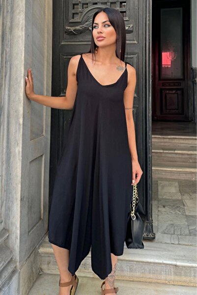 NEW LAVİVA Black Rope Strap Asymmetric Cut Textured Loose Jumpsuit - Anti-Sweat Fabric