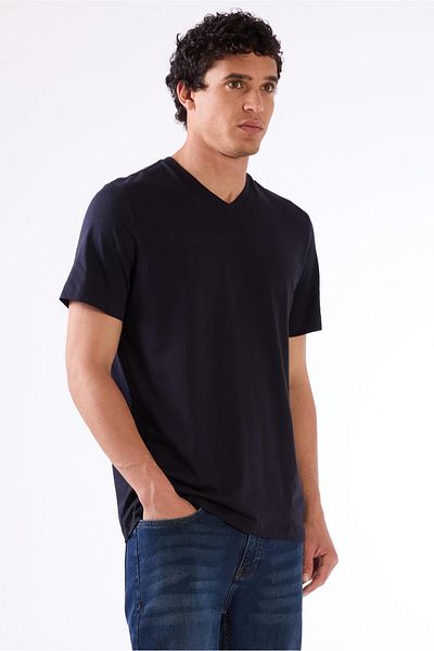 Dufy Navy Blue Men's Slim Fit Plain V-Neck T-Shirt - 105594