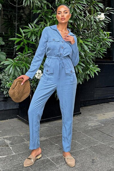 NEW LAVİVA Γυναικείο μακρυμάνικο πουκάμισο Indigo με γιακά τσέπη ζώνη Airobin Safari Jumpsuit