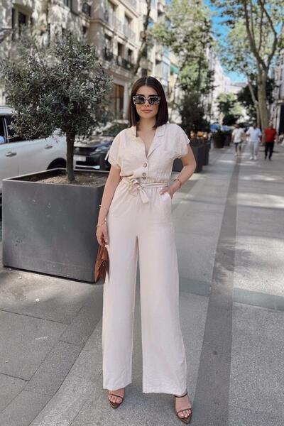 NEW LAVİVA Κοντό μανίκι από πέτρα, ύφασμα λινό/airobin, άνετη εφαρμογή, τσέπη, μισή πατιλέτα, φόρμα με ζώνη/ζώνη