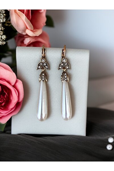 FAYRA ACCESSORIES Yaprak Figürlü Su Damlası İnci Küpe