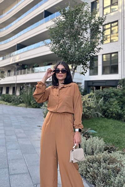 NEW LAVİVA Women's Tan Long Sleeve, Shirt Collar, Elastic Waist, 4 Pockets, Elastic Ankles, Loose Overalls