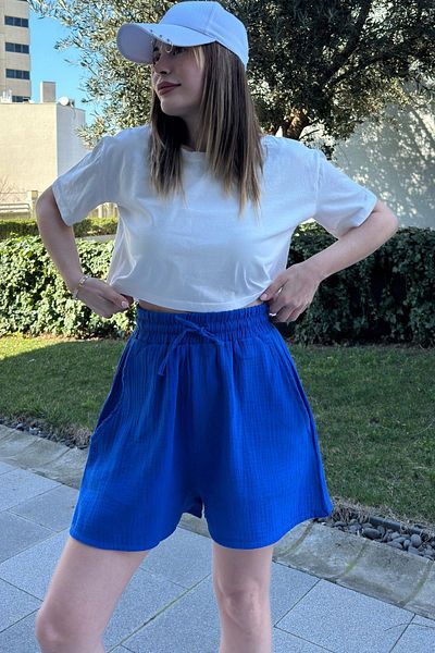 NEW LAVİVA Saks Women's Shorts - Pockets, Laces, Elastic Waist, Loose Muslin