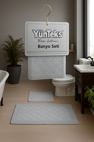 YÜNTEKS Cotton Pasta Tufting 2-Piece Toilet Seat Set, Bathroom Set, Bathroom Mat Set, Seashell, Gray