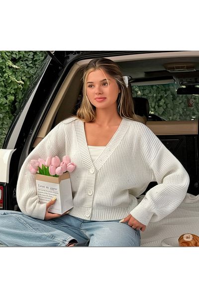 FLEX FASHION Women's Trend Popular Knitted Detail Ecru Knitwear Cardigan