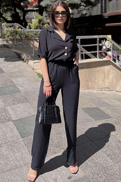 NEW LAVİVA BlacK Linen/Airobin Overalls - Apache Collar, Short Sleeve, Relaxed Fit, Half PlacKet and Drawstring Waist