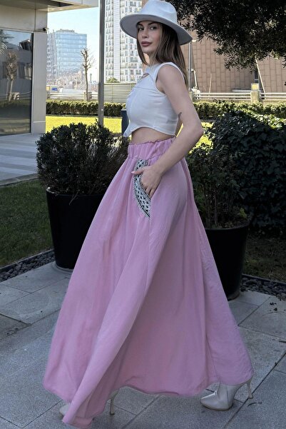 NEW LAVİVA Kadın Pudra Beli Lastikli, Cepleri Hasır İşlemeli, Rahat Kesim, Uzun Kiloş Etek