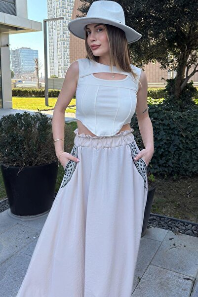 NEW LAVİVA Women's Beige Elastic Waist, Straw Embroidered Pockets, Comfortable Fit, Long Kiloş Skirt