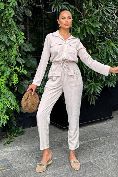 NEW LAVİVA Γυναικεία μπεζ μακρυμάνικη φόρμα, γιακάς πουκάμισου, τσέπες, ζώνη, φόρμα Airobin Safari