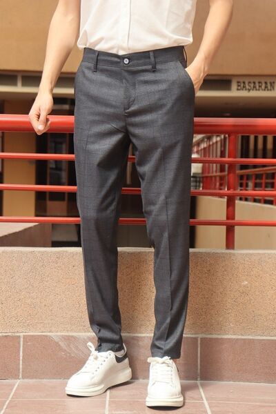 inpool Men's Navy Blue Plaid Pattern Slim-fit Polyviscose Trousers