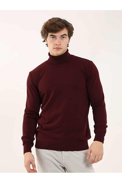 Dufy Tricotaj cu gât complet pentru bărbați, roșu Claret, slim fit, simplu, clasic - 91062