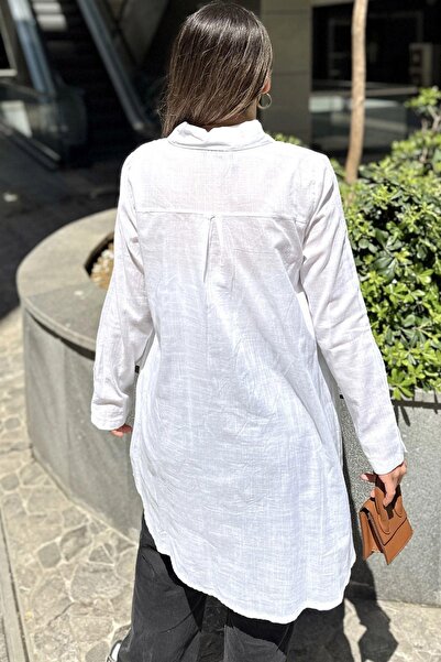 NEW LAVİVA White Wooden Buttoned Pleated Tunic Shirt - Long Sleeve, Cotton