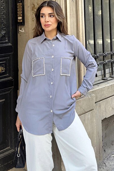 NEW LAVİVA Gray Pearl Detailed Kupra Fabric Casual Women's Shirt - Double Pocket, Pleated Back