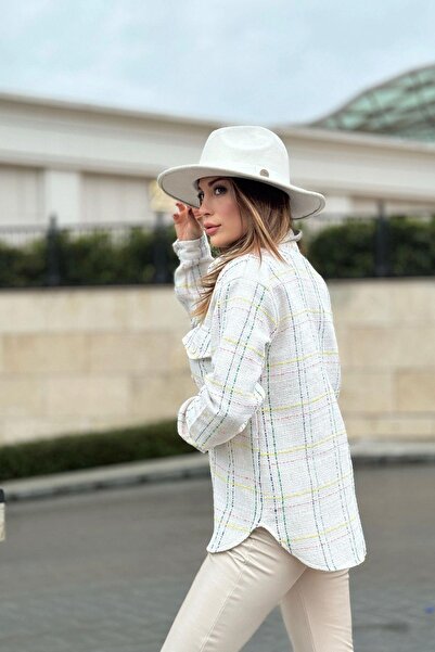 NEW LAVİVA Women's White Plaid Tweed Fabric, Double Pocket Long Loose Shirt Jacket