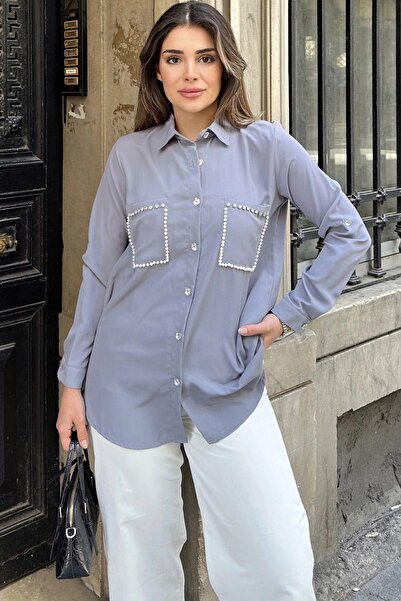 NEW LAVİVA Gray Pearl Detailed Kupra Fabric Casual Women's Shirt - Double Pocket, Pleated Back