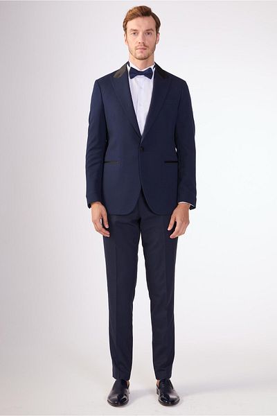 Dufy Navy Blue Men's Modern Fit Dobby Mono Collar Tuxedo Suit - 61293