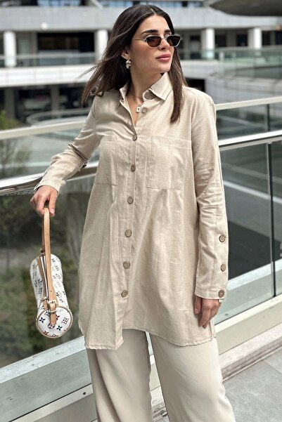 NEW LAVİVA Beige Women's Tunic Shirt - Long Sleeve, Wooden Button Detail, Pleated Back, Loose and Long Cotton
