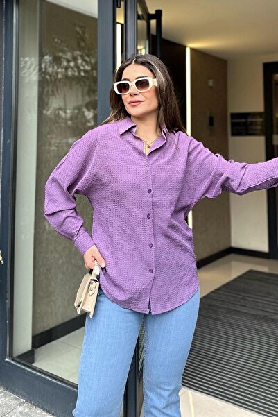 NEW LAVİVA Kadın mor Basic Model, Gofre Kumaş, Salaş Gömlek