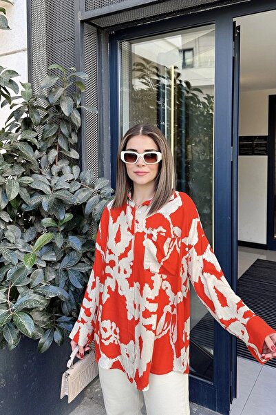 NEW LAVİVA Cămașă de damă roșie cu mânecă lungă, plisată la spate, lejeră, din viscoză