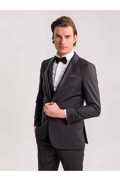 Dufy Black Men's Modern Fit Striped Shawl Collar Tuxedo Suit - 61335