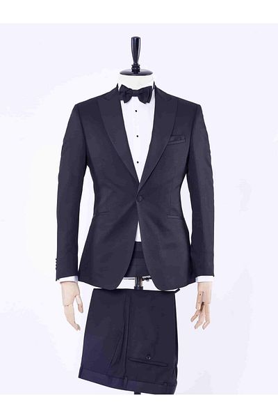 Dufy Black Men's Slim Fit Eyelet Patterned Pointed Collar Tuxedo Suit - 30214