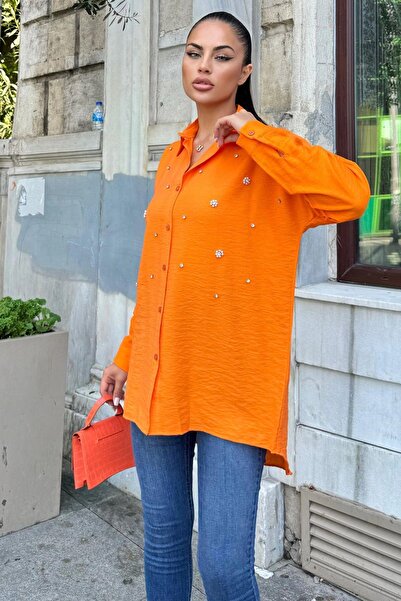 NEW LAVİVA Cămașă clasică de in cu detaliu de piatră portocalie