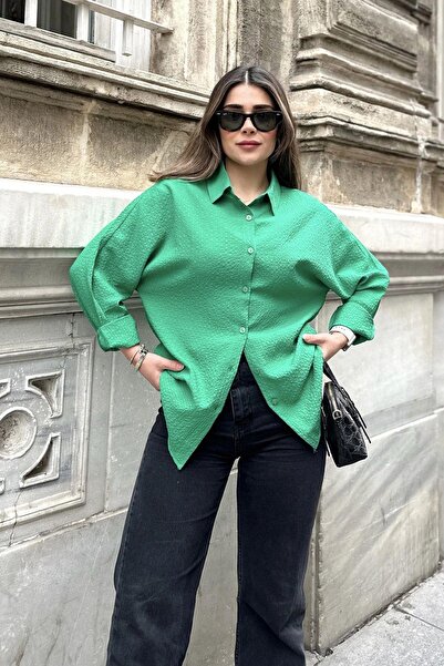 NEW LAVİVA Model de bază verde de damă, seersucker, cămașă casual