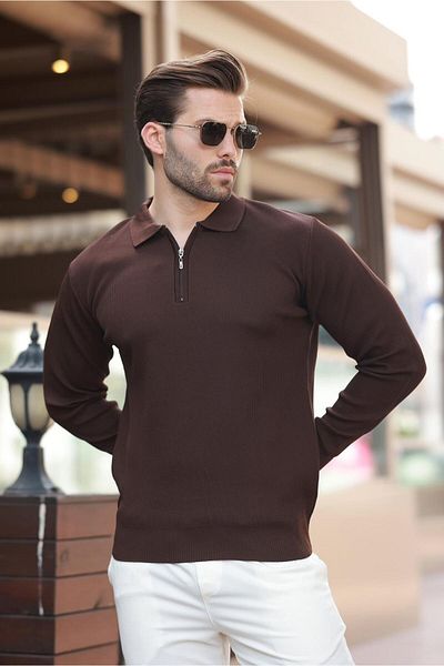 Madmext Pulover cu mânecă lungă, cu fermoar, cu gât polo, 7240