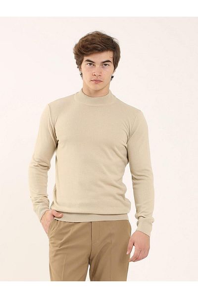 Dufy Beige Men's Slim Fit Plain Classic Half Turtleneck Knitwear - 91102