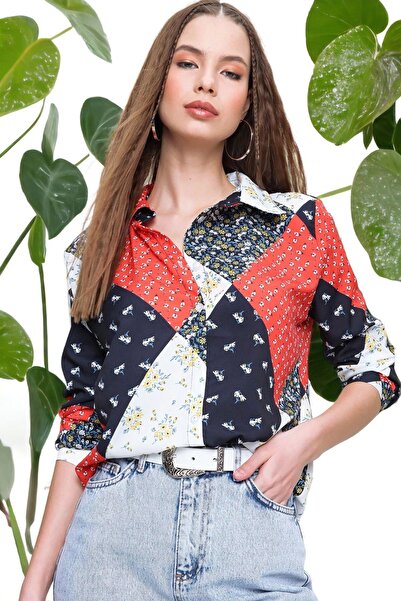 NEW LAVİVA Women's Red Long Sleeve Patchwork Patterned Quality Fabric Plain Cut Standard Size Shirt