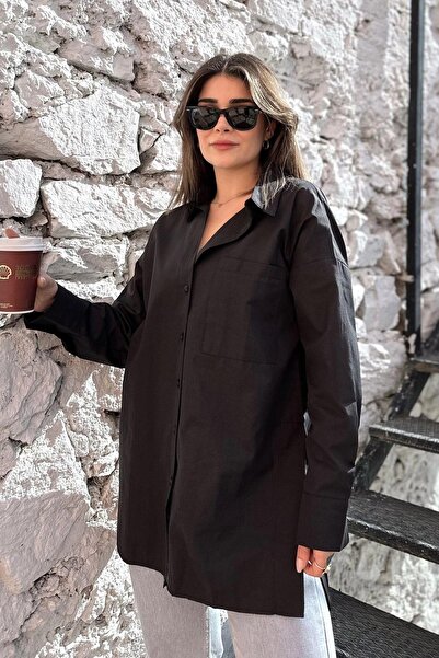 NEW LAVİVA Kadın siyah Terikoton Kumaş, Yırtmaçlı, Rahat Uzun Gömlek