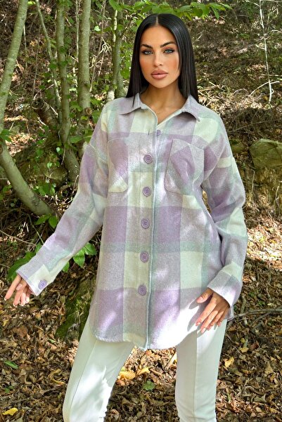 NEW LAVİVA Buzunar dublu liliac, model în carouri, potrivire confortabilă, cămașă cu ștampilă lejeră