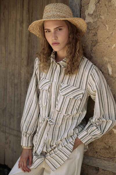 Hooopstore NATUREL ÇİZGİLİ HAKİ KETEN CEKET