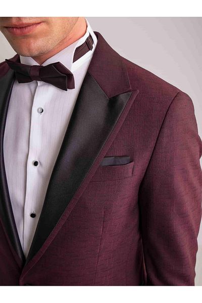 Dufy Claret Red Men's Modern Fit Striped Mono Collar Tuxedo Suit - 61321