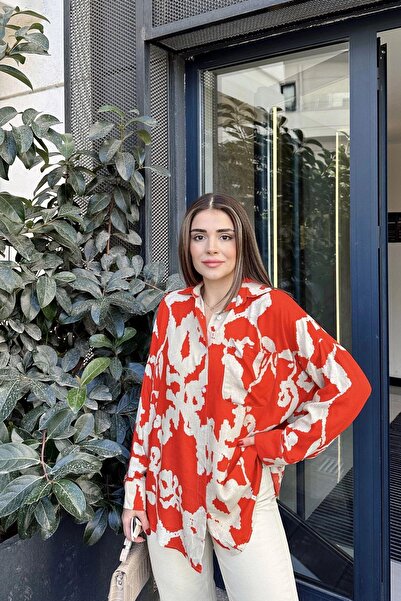 NEW LAVİVA Cămașă de damă roșie cu mânecă lungă, plisată la spate, lejeră, din viscoză